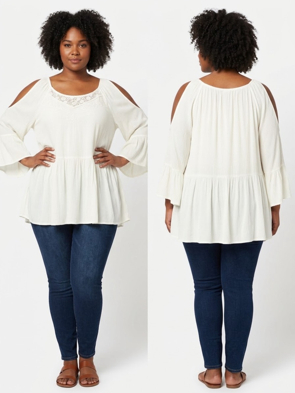 NWT Cato Cream Off White Boho Embroidered Cold Shoulder Tiered Tunic Top Size L⁠